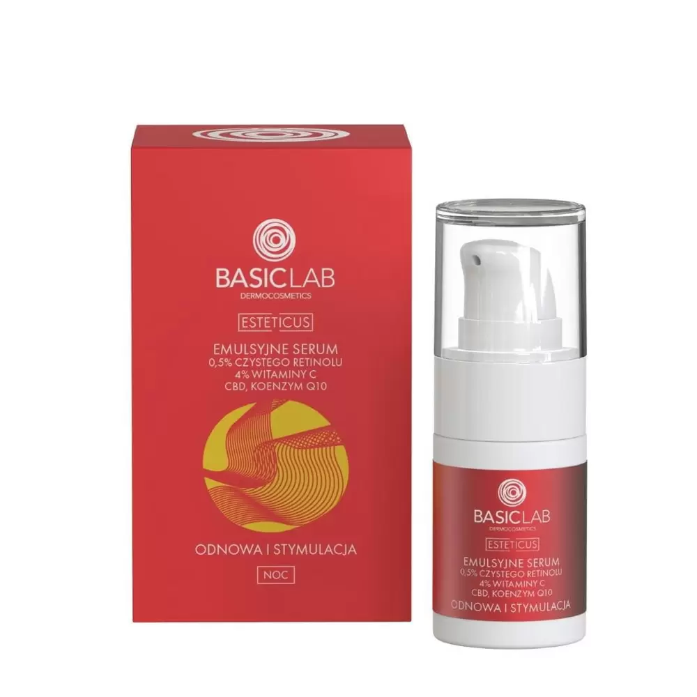 Emulsyjne serum z 0,5% czystego retinolu, 4% witaminą C, CBD i koenzymem Q10 | BasicLab